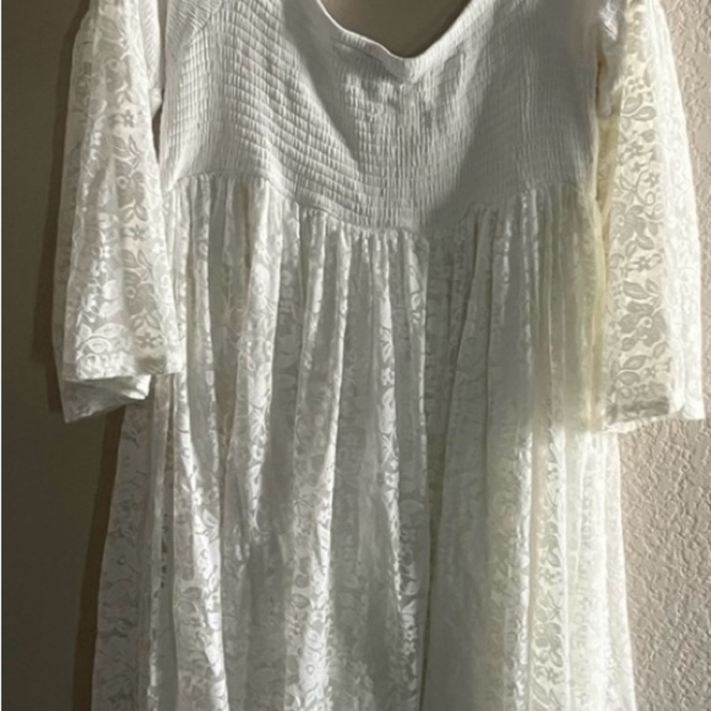 NWOT TORRID 3 CREAM OFF THE SHOULDER LACE BELL SLEEVES BABYDOLL SMOCKED DRESS - Picture 12 of 15